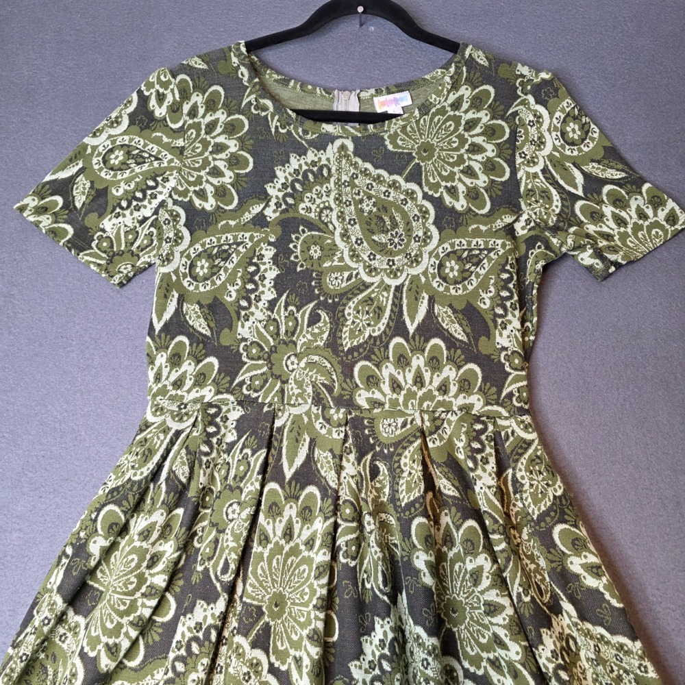 LuLaRoe Amelia Dress Women Large Olive Green Paisley MOD Retro